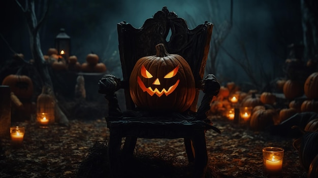 Spooky Halloween JackO'Lantern Pumpkin on a Chair