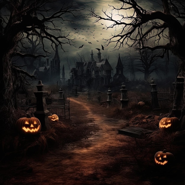 Spooky Halloween landscape with carved pumpkins