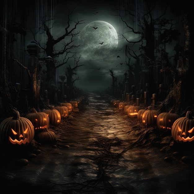 Spooky Halloween landschap met gebeeldhouwde pompoenen