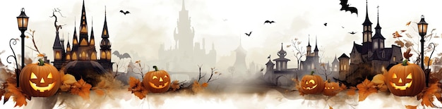 Spooky halloween landschap met kwade pompoen kastelen en mist Generative AI