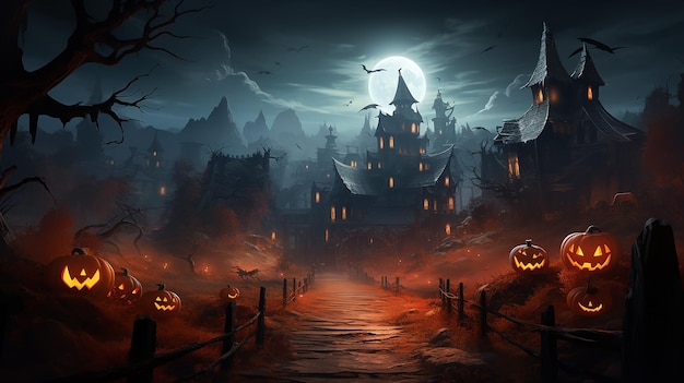 spooky halloween night backgroundHalloween night scene with haunted house and death tree background