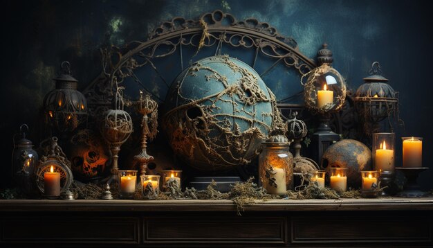Фото Страшная ночная свеча хэллоуина освещает древний христианский символ, сгенерированный ии
