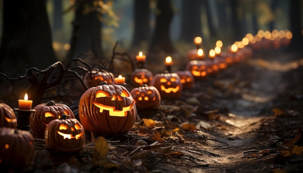 不気味なハロウィーンの夜に光るカボチャのランタンが人工知能によって生成された秋のお祝いを照らします
