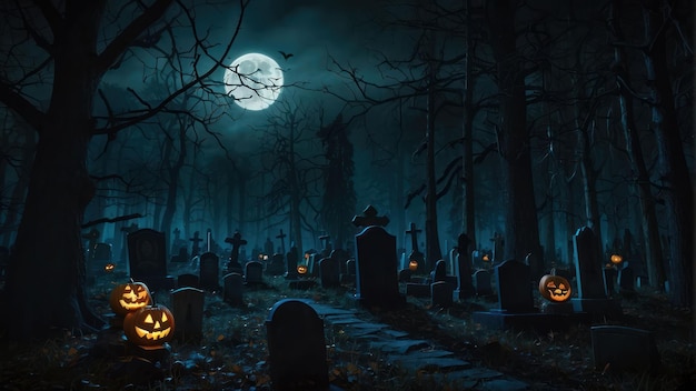 Spooky Halloween Night in Graveyard with Pumpkins