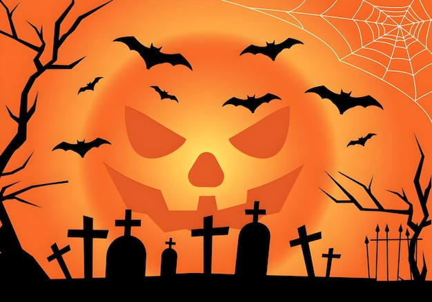Spooky Halloween Night met Bats Pumpkin en Graveyard