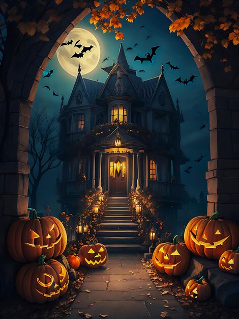 Spooky Halloween Night met House Pumpkins Bats en Big Moon AI gegenereerd