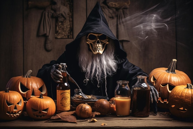 Spooky Halloween Night Mysterious Man in Black Robe with Pumpkins and Booze Generative AI