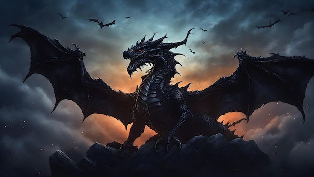 A spooky Halloween night sky filled with a menacing dragon silhouette its wings spread wide