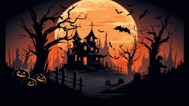 Spooky Halloween night with a full moon and silhouettes of haunted houses perfect for creating eerie Halloween party invitations