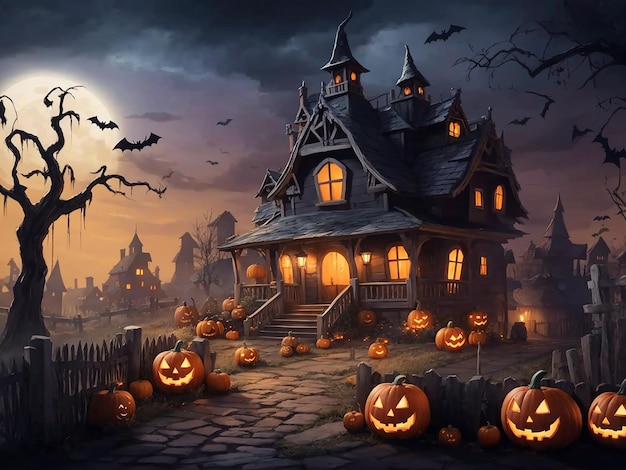 Spooky Halloween night with pumpkins candles and a haunted castle backdrop