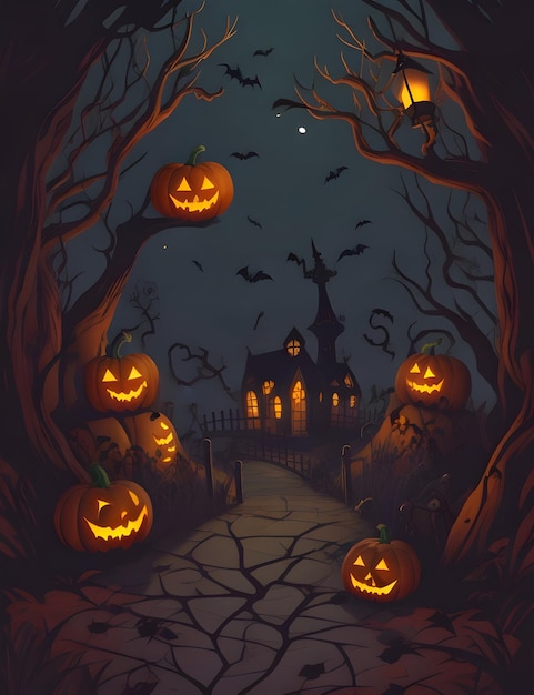 Жуткая ночь Хэллоуина со скелетной фигурой и тыквенным дизайном фона, созданная AI