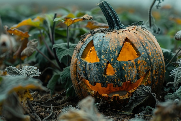 Spooky Halloween Pumpkin in Autumn Garden