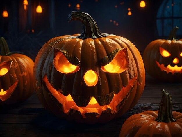 Spooky halloween pumpkin Background Glowing Face Pumpkin ai generated