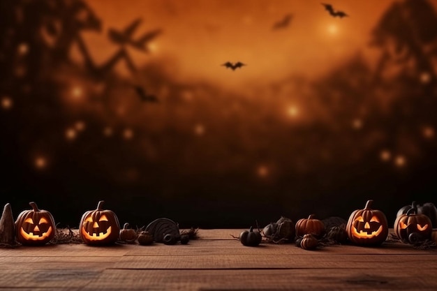 Spooky Halloween pumpkin and flying bats background with copy space Generative AI