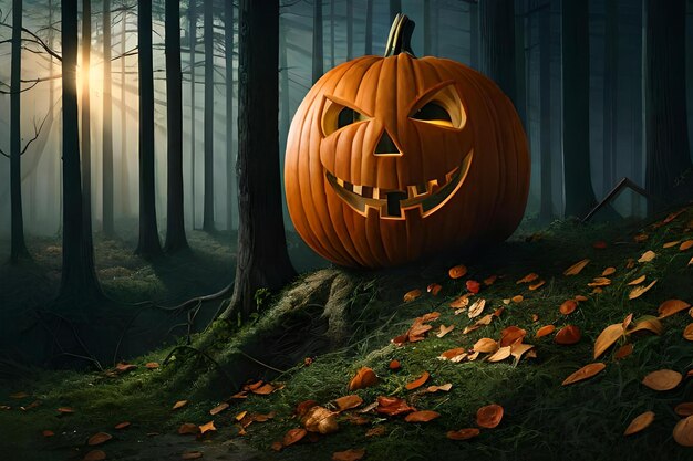 A spooky halloween pumpkin in a forest with leaves and leaves.