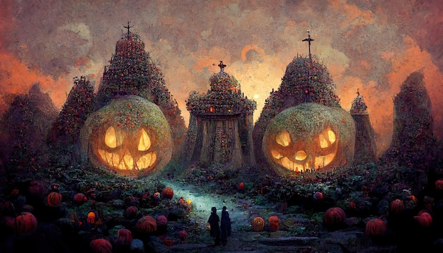 Spooky halloween pumpkin garden temple concept art creepy\
illustration