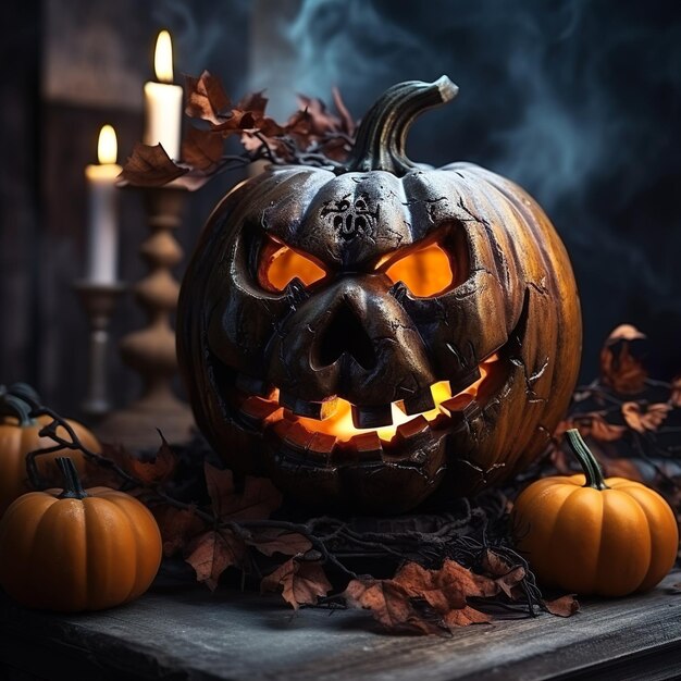 spooky Halloween pumpkin glowing face Ai generated