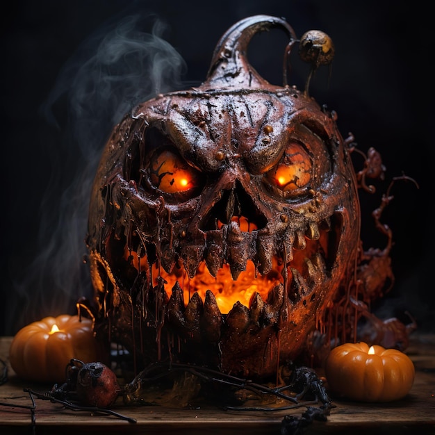 spooky Halloween pumpkin glowing face Ai generated