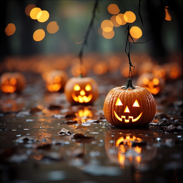 Spooky Halloween pumpkin glowing face jack lantern on wooden background ai generated