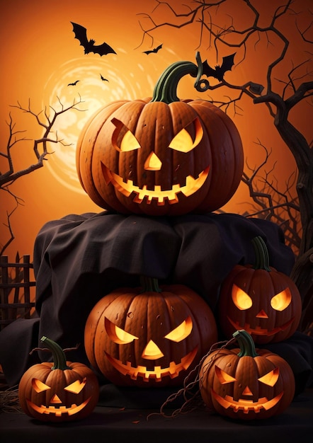Foto spettrale zucca di halloween jack o lantern con un viso e occhi malvagi vista ravvicinata