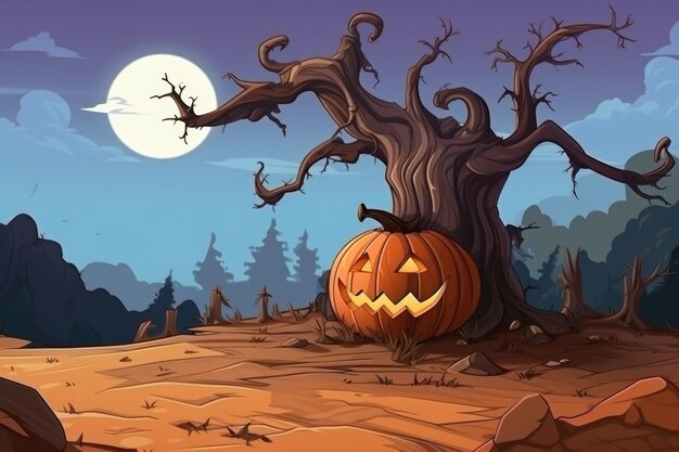 Photo spooky halloween pumpkin and old dead tree head jack lantern with evil face halloween illustration