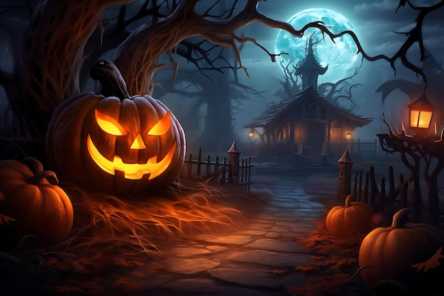 a spooky halloween pumpkin sits in front of a house with a scary house in the background.