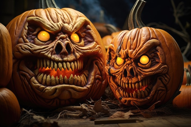 Spooky Halloween pumpkins in close up