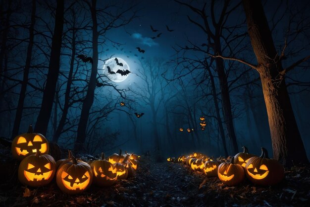 Spooky Halloween pumpkins glowing in forest