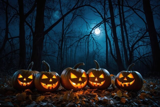 Spooky Halloween pumpkins glowing in forest