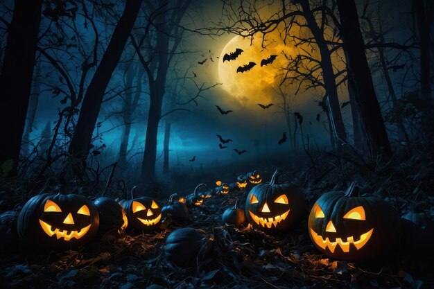 Spooky Halloween pumpkins glowing in forest