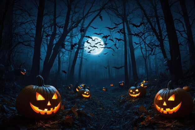 Страшные Хэллоуинские тыквы, светящиеся в лесу.