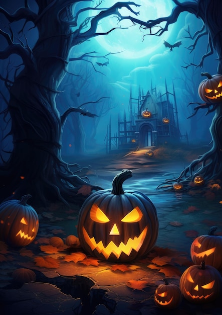 Spooky halloween pumpkins Scary forest Scary halloween night Generative ai