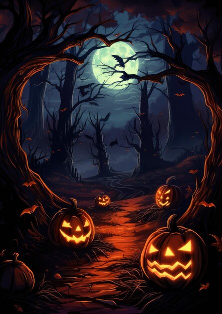 Spooky halloween pumpkins Scary forest Scary halloween night Generative ai