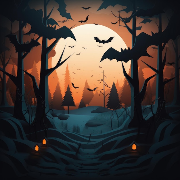 Spooky halloween pumpkins Scary forest Scary halloween night Generative ai