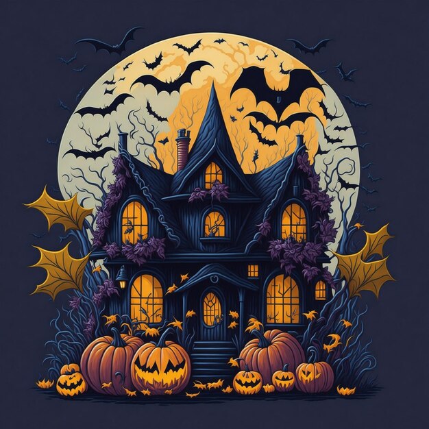 Страшный запах Хэллоуина с призраками, тыквами, летучими мышами и старым домом на заднем плане.