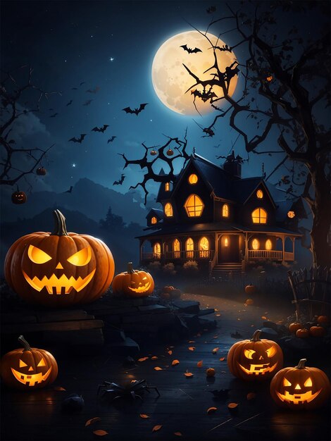 Spooky Halloween scene banner with pumpkins and bats at night