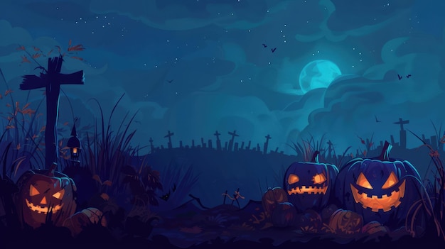 Spooky Halloween scene featuring glowing jackolanterns tombstones and a full moon backdrop perfect