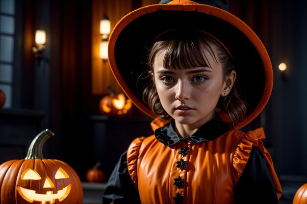 魔女の衣装を着た子供とジャック・オ・ランタンの飾りが付いた不気味なハロウィーンのシーン