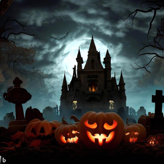 A spooky Halloween scene with a haunted castle jackolanterns and a graveyard