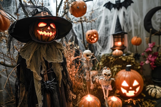 Spooky Halloween scene with haunted decorations and costumes Eerie Halloween setting adorned with haunted decorations and costumes