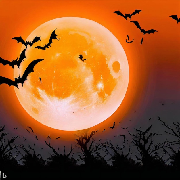 A spooky Halloween scene with a large orange moon