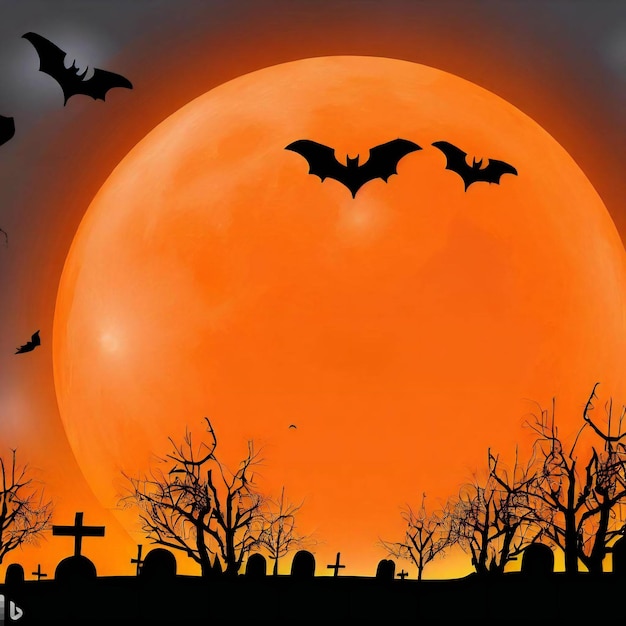 A spooky Halloween scene with a large orange moon