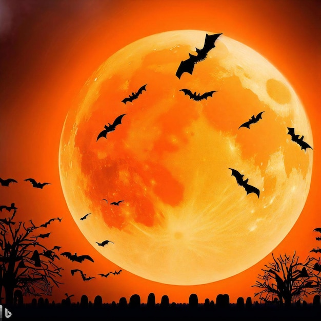 A spooky Halloween scene with a large orange moon