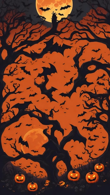 A spooky halloween scene with a large orange moon