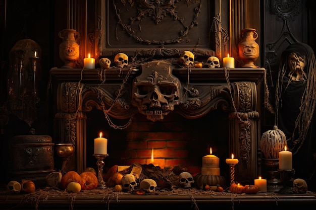 Spooky Halloween setting with skull candlestick and fireplace evoking mysticism and witchcraft