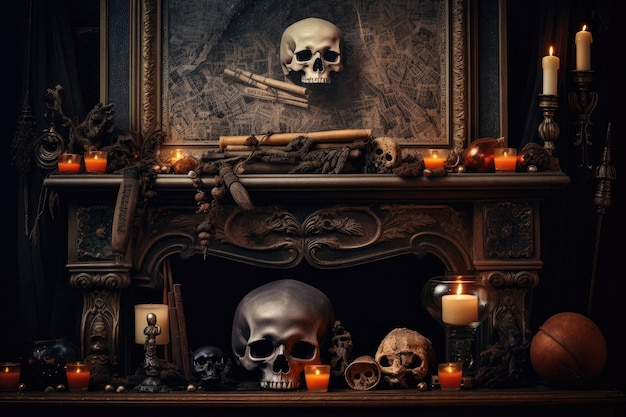 Spooky Halloween setting with skulls candles and a fireplace evoking horror and witchcraft