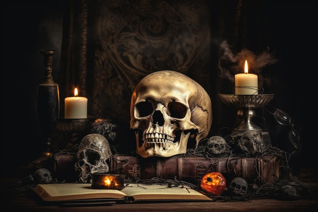 Spooky Halloween setting with skulls candles and a fireplace evoking horror and witchcraft