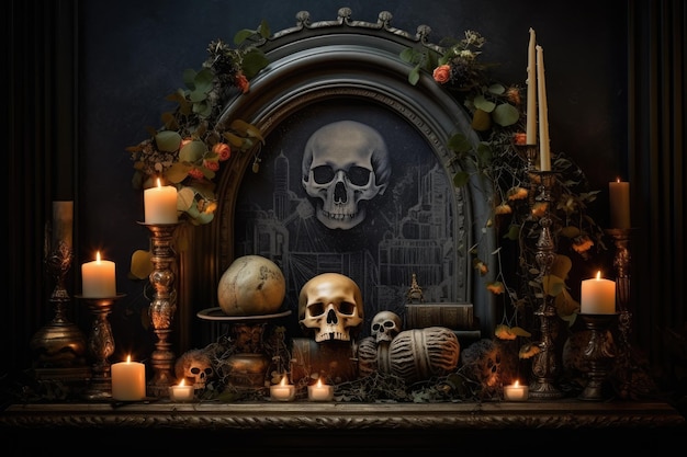 Spooky Halloween setting with skulls candles and a fireplace evoking horror and witchcraft
