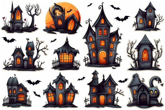 Spooky Halloween Stickers met geïsoleerde spookhuizen gegenereerd door AI