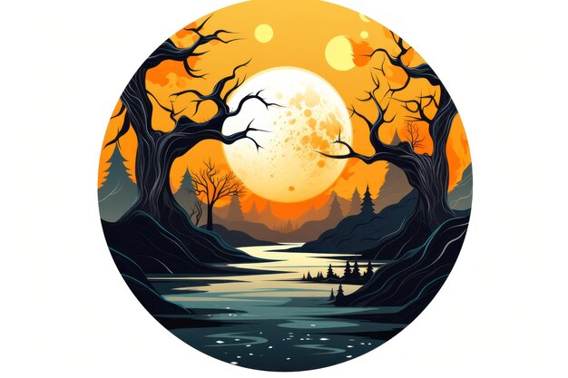 Spooky Halloween-stickers met volle maan op witte achtergrond gegenereerd door AI